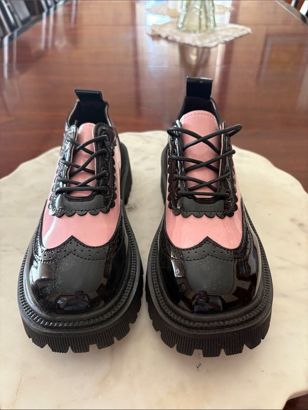 Chunky Pink and Black Patent Brogue Oxfords